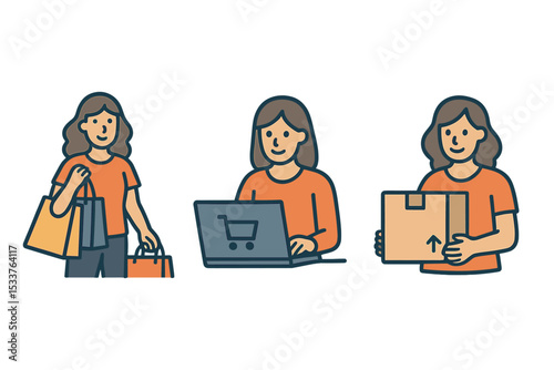 Female characters representing online shopping and delivery process