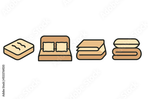 Bedroom icons: mattress, bed, blanket, pillow on gradient background