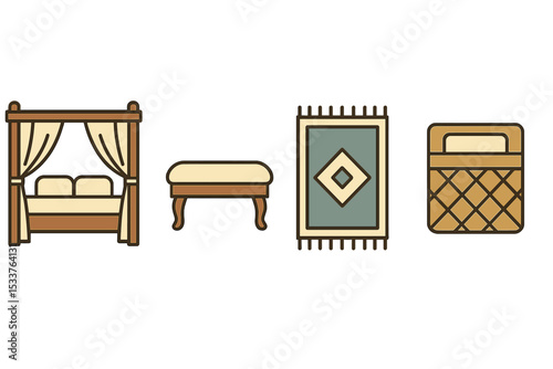 Bedroom furniture icons - bed, ottoman, rug, blanket symbols
