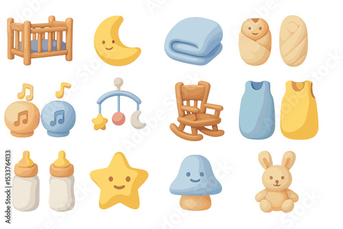 Cute cartoon baby items – crib, moon, blanket, pajamas, bottles, rabbit, toys