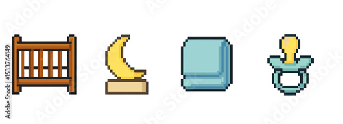 Pixel art baby essentials: crib, lamp, book, pacifier icons