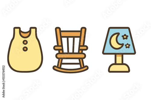 Nursery decor icons: baby outfit, rocking chair, and moon lamp