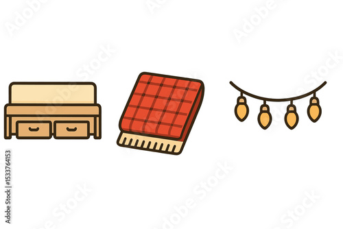 Cozy home icons: sofa, checkered blanket, string lights on gradient background