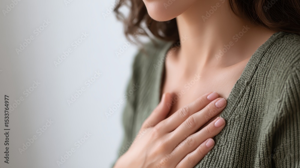 Fototapeta premium Young woman pressing hand against chest, showing signs of physical distress, suggesting potential cardiac or respiratory concern requiring medical evaluation