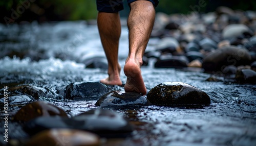 Barefoot Person Walking on Stones Near River Water in Nature Setting photo