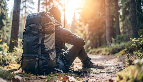Resting Traveler with Backpack on Forest Trail During Golden Hour