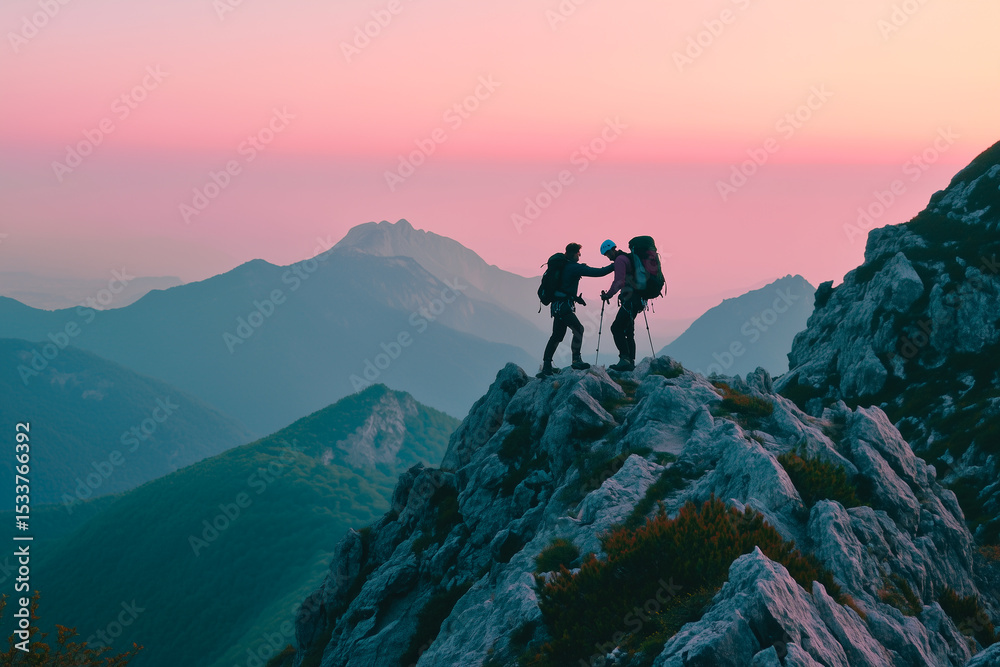 Fototapeta premium Hikers helping each other climbing a mountain at sunset. Active sport concept