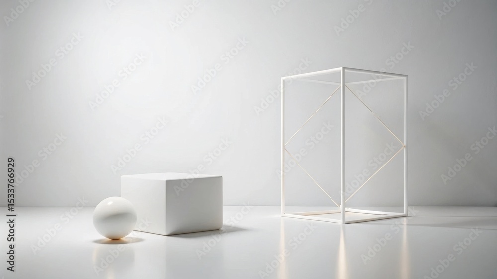 Fototapeta premium Minimalist White Cube, Sphere, and Geometric Frame Display