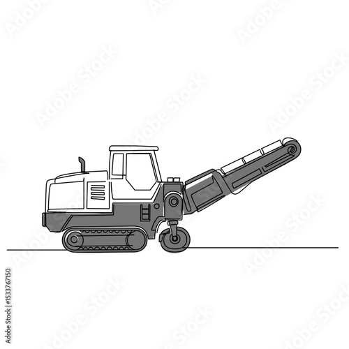 Asphalt milling machine, heavy construction machinery with extended arm on a plain background  