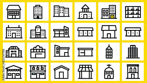 Collection of black and white architectural building icons on a bright yellow background