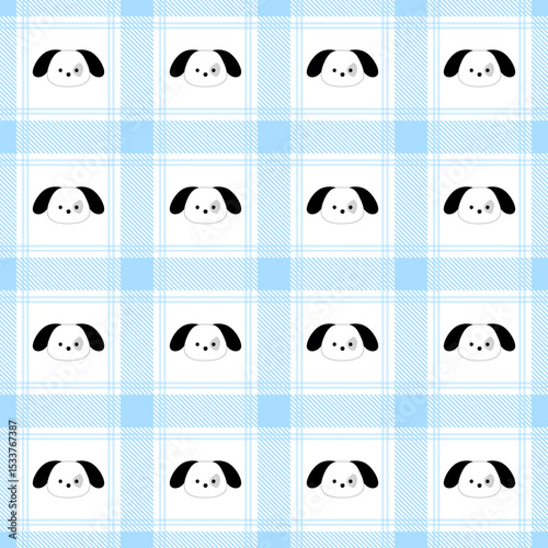 Puppy on Fabric pattern, blue checkered pattern, gift wrapping paper , seamless pattern 