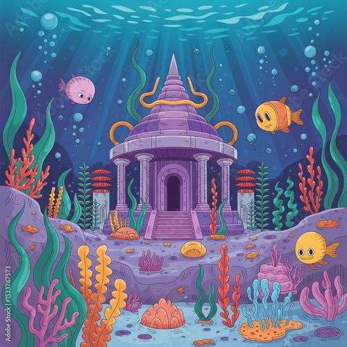 Underwater temple scene with cartoon fish and seaweed in a colorful illustration style photo
