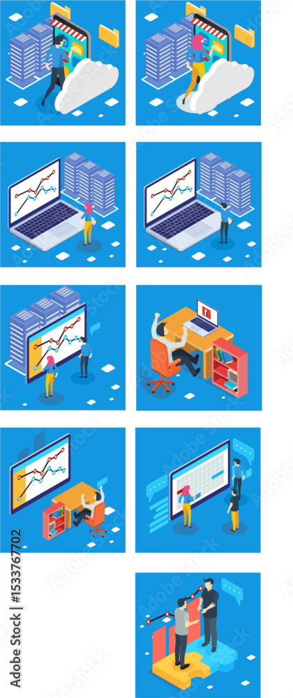 Fototapeta premium isometric illustration of office activities, blue background suitable for office-related digital assets