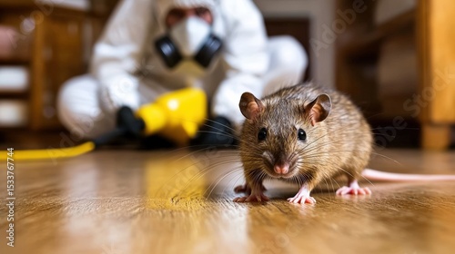 A rat stands on a wooden floor as a person in protective gear and a gas mask prepares pest control in the background.