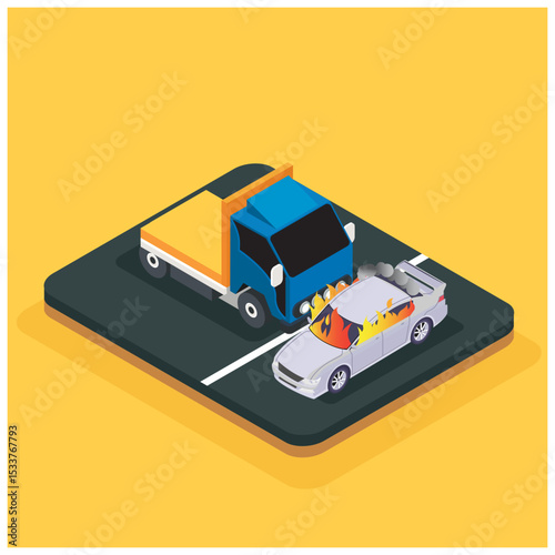 modern isometric illustration of a road accident, which causes vehicle damage, suitable for digital assets about accidents