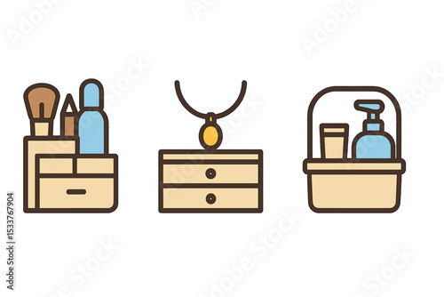 Minimalist icons of makeup, jewelry, and toiletries on gradient background