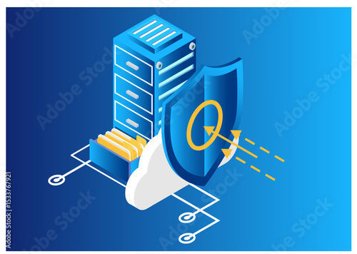 Isometric Protection network security and safe your data concept. Web page design templates Cybersecurity. Digital crime by an anonymous hacker. Vector illustration