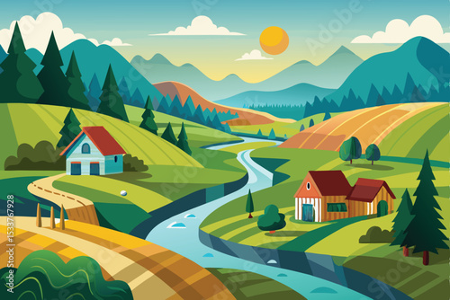 Rural mountain village with houses, green trees, and a clear sky, illustrating a serene summer countryside landscape