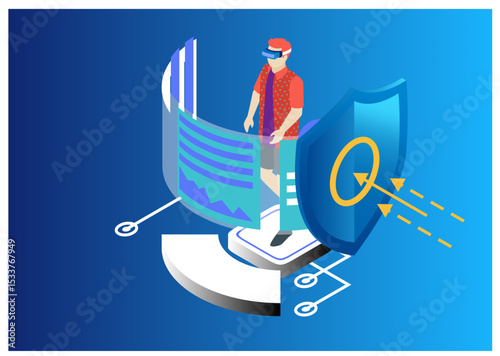 Isometric Protection network security and safe your data concept. Web page design templates Cybersecurity. Digital crime by an anonymous hacker. Vector illustration