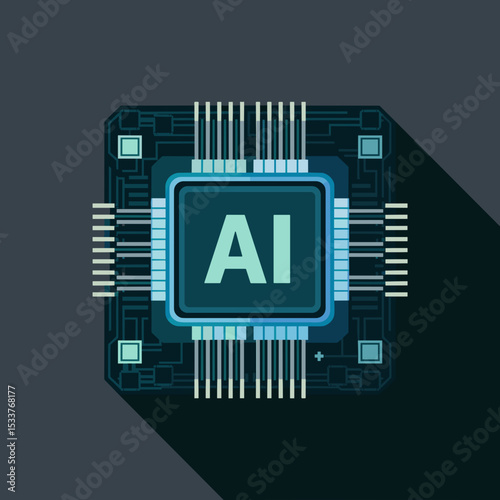 AI chip on motherboard in flat vector with dark background, dark mode UI style