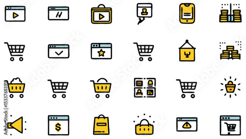 Hand drawn ecommerce icons set representing online shopping payment and media elements