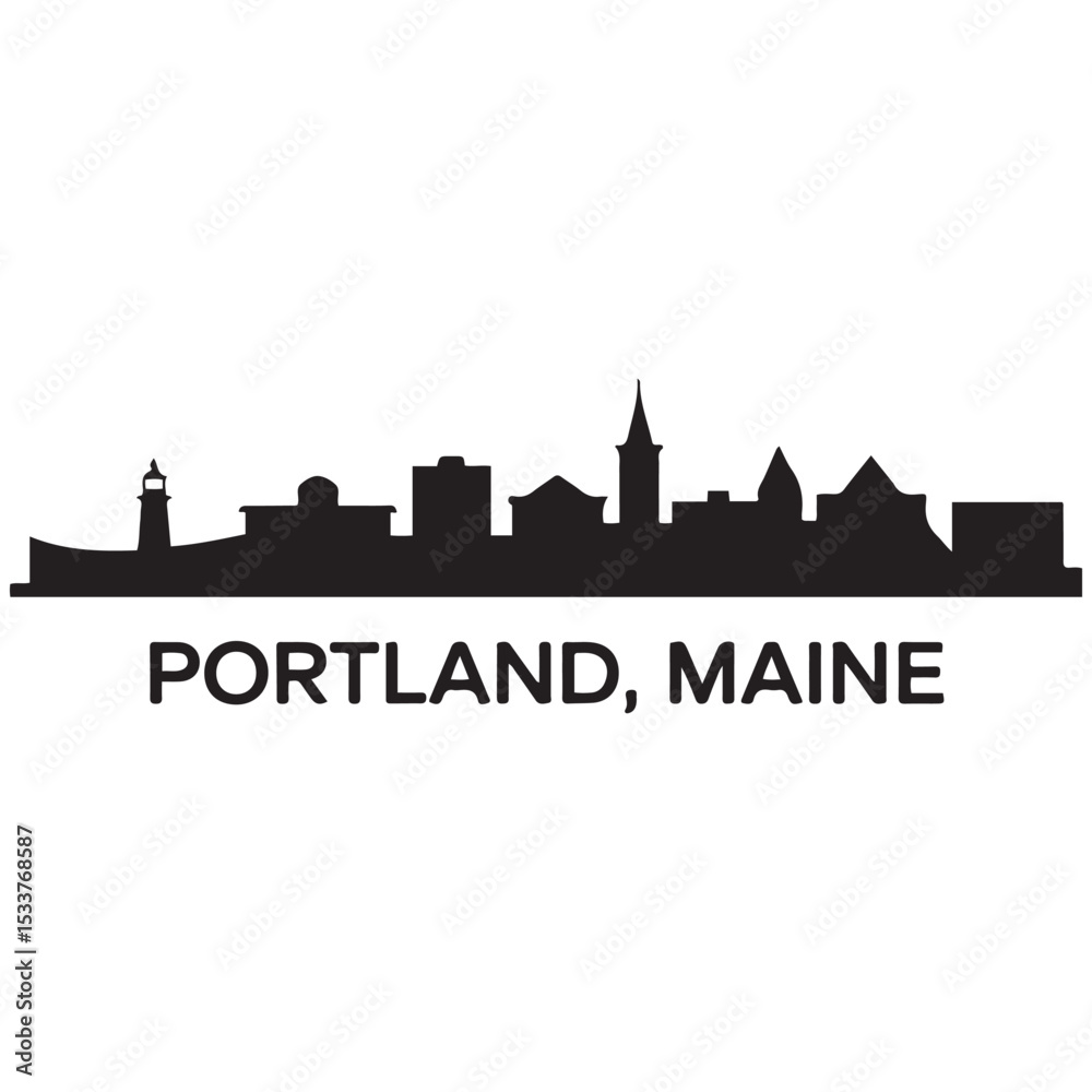 Obraz premium Portland skyline horizontal banner. Portland, Maine. Vector template for your design. Vector black silhouette. with white background