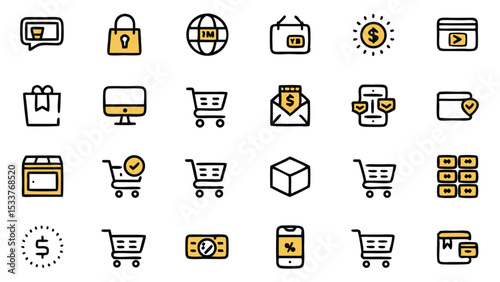 Hand drawn set of e commerce and online shopping icons for business and design elements