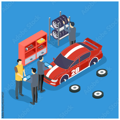 Car repairing concept. Auto service online. Flat 3d isometric vector illustration