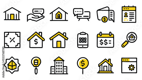 Set of minimalist real estate and property icons depicting financial and property transactions