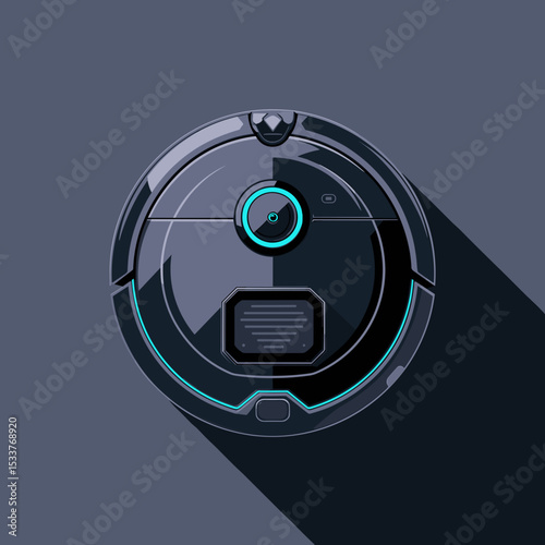 Robot vacuum cleaner in flat vector with dark background, dark mode UI style