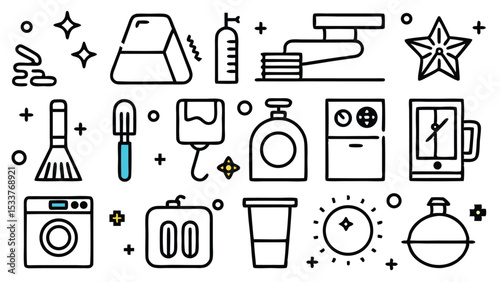 Cleaning Service Line Icons Set with Household Appliances and Tools