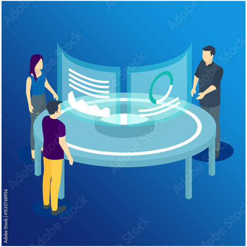 Isometric man communicates with abstract futuristic screen holograms. Business conference. The concept of network, communication, business, technology, augmented reality