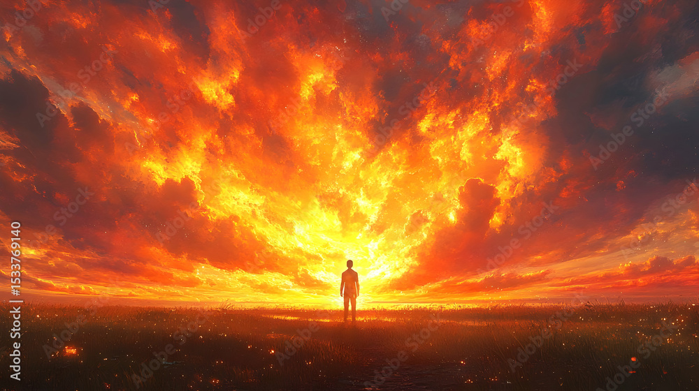 Fototapeta premium Fiery Sunset Illustration: A Solitary Figure in a Field of Fire