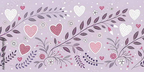 Background with hearts and dots, seamless pattern, vector drawing, light violet color