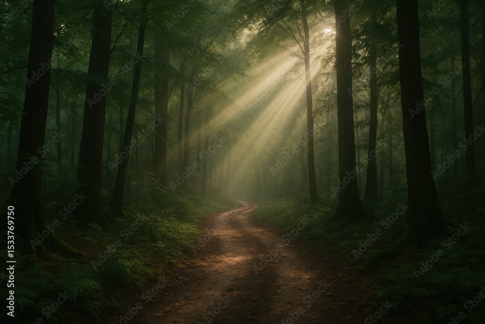 Naklejka premium Misty forest trail illuminated by morning sunlight streaming through tall trees, casting dramatic shadows on a winding path