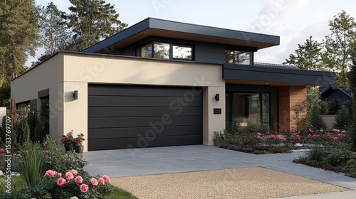 A modern single-story house with a flat roof, large garage door, and landscaped garden featuring roses and shrubs.