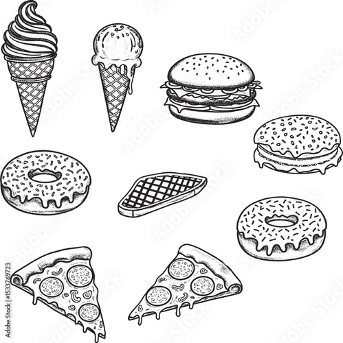  illustration of various fast food and dessert items arranged in a circular shape