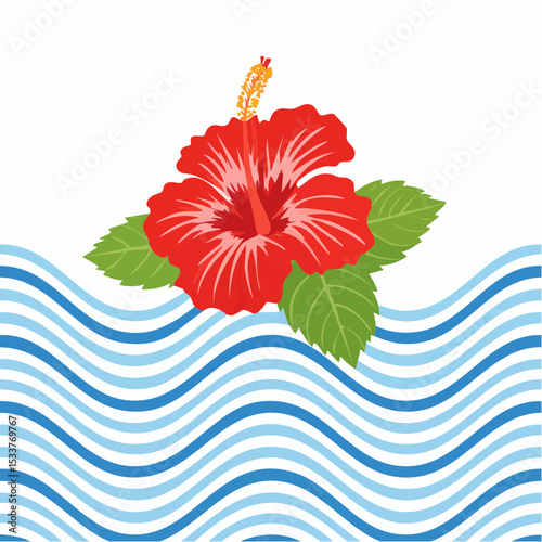 Hibiscus and wave with stripes seamless pattern design for summer holidays background