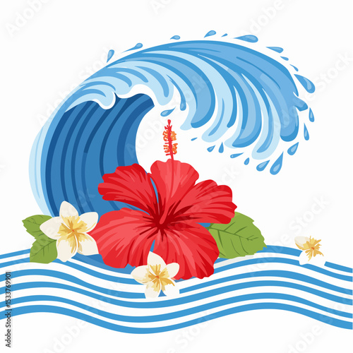Hibiscus and wave with stripes seamless pattern design for summer holidays background