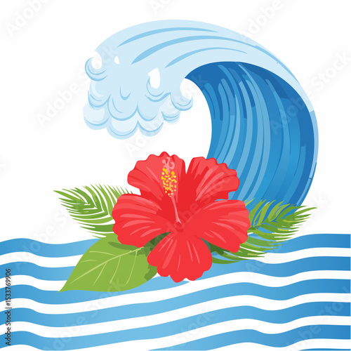 Hibiscus and wave with stripes seamless pattern design for summer holidays background