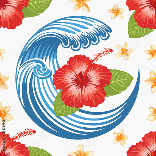 Hibiscus and wave with stripes seamless pattern design for summer holidays background