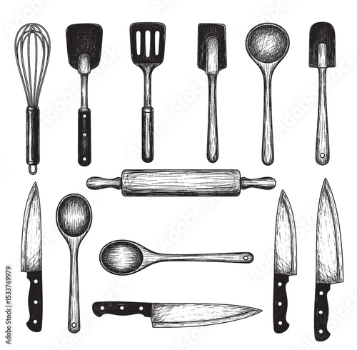 black and white hand-drawn illustrations featuring various kitchen utensils and cutlery 