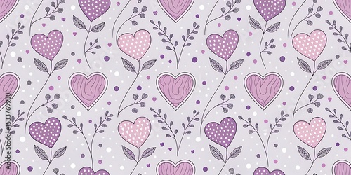 Background with hearts and dots, seamless pattern, vector drawing, light violet color