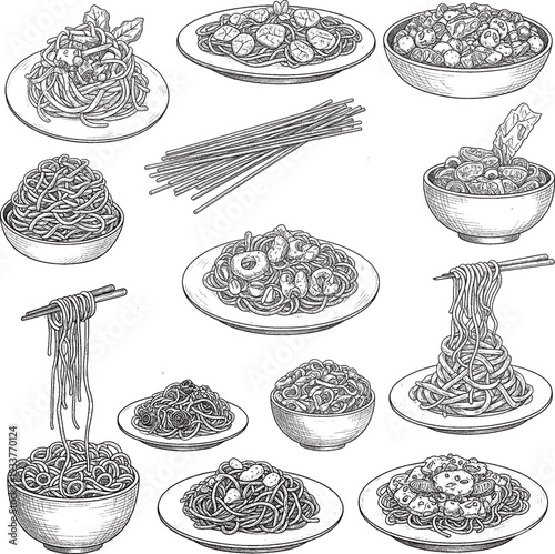 collection of black and white hand-drawn illustrations featuring various pasta and noodle dishes