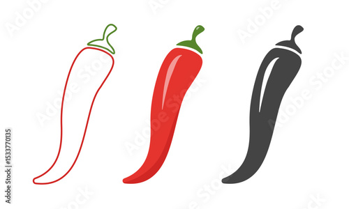 Set of chili pepper flat, outline and glyph style icon. Spicy hot pepper vegetable