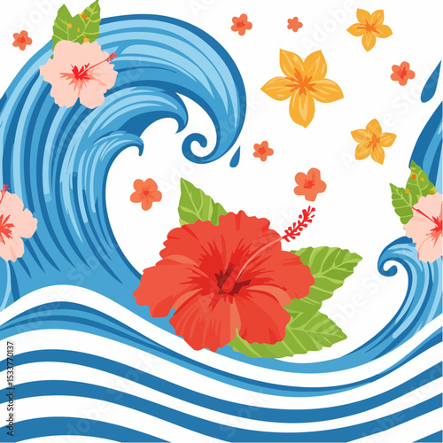 Hibiscus and wave with stripes seamless pattern design for summer holidays background