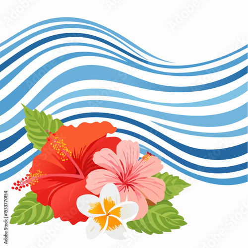 Hibiscus and wave with stripes seamless pattern design for summer holidays background