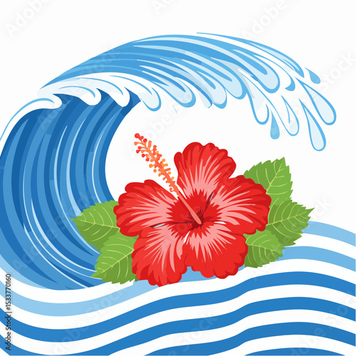 Hibiscus and wave with stripes seamless pattern design for summer holidays background