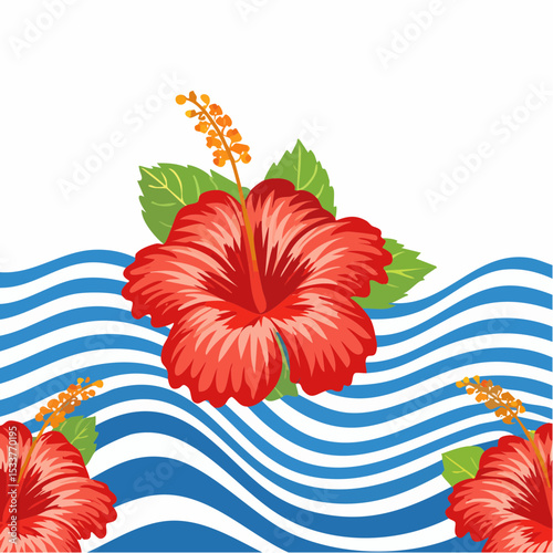 Hibiscus and wave with stripes seamless pattern design for summer holidays background