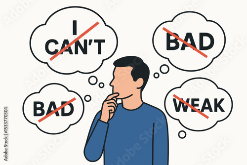 Man surrounded by crossed-out negative thoughts illustrating mental health struggle